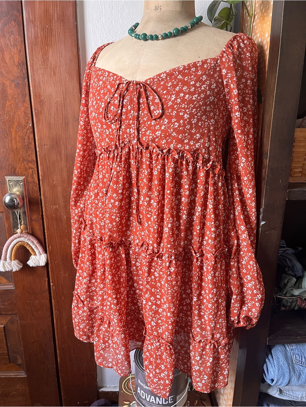 Forever 21 Rust Floral Tiered Long-Sleeve Mini Dress
